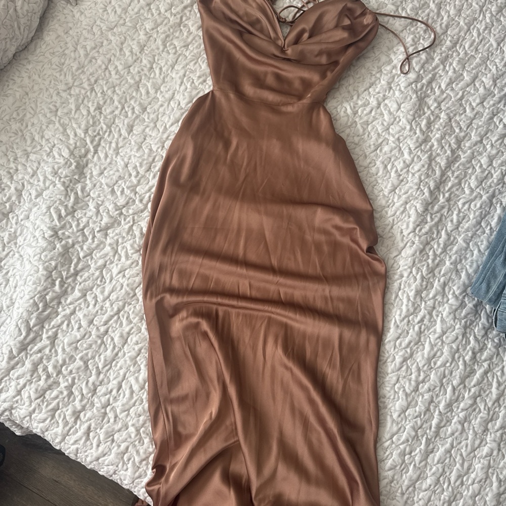 Lily Satin Cowl Maxi Dress in Warm Brown - Picture 1 of 5